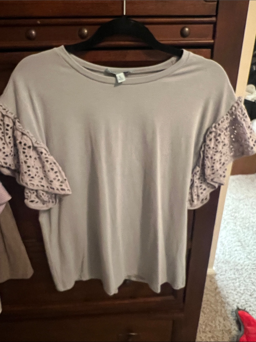 She + Sky Lavender Eyelet Ruffle Sleeve Top